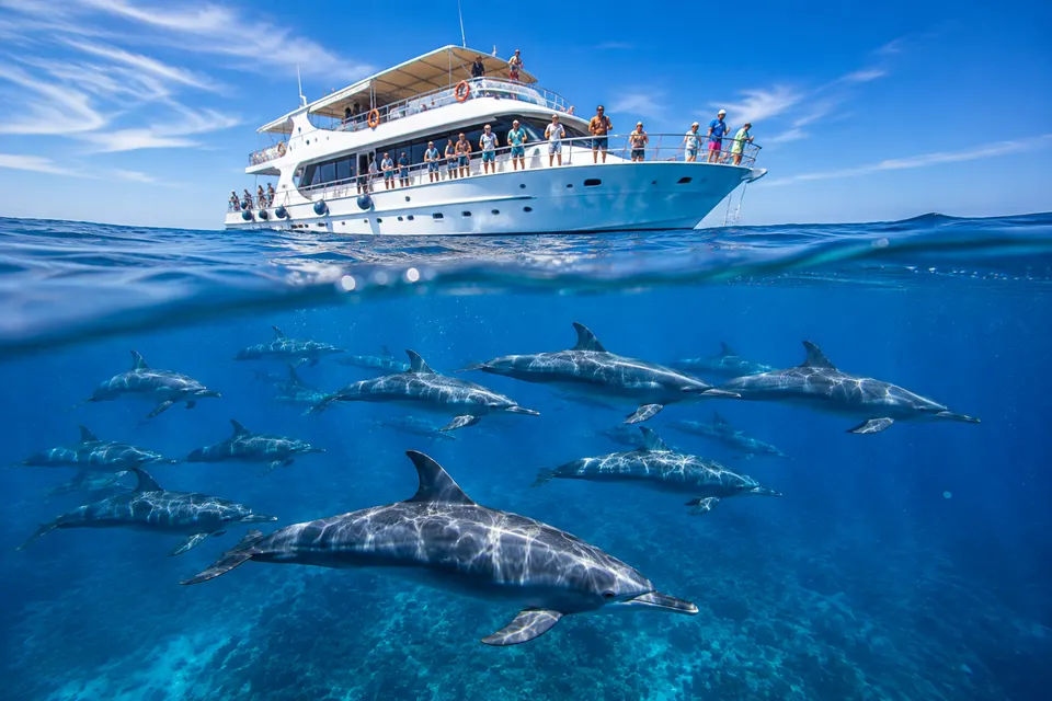 Aerial-style view of the day boat and a spinner dolphin pod at Sha'ab Samadai, Dolphin House Marsa Alam