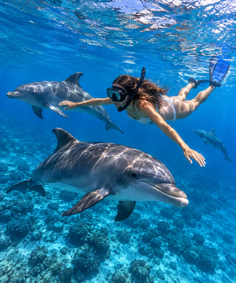 Bottlenose dolphin with a snorkeler