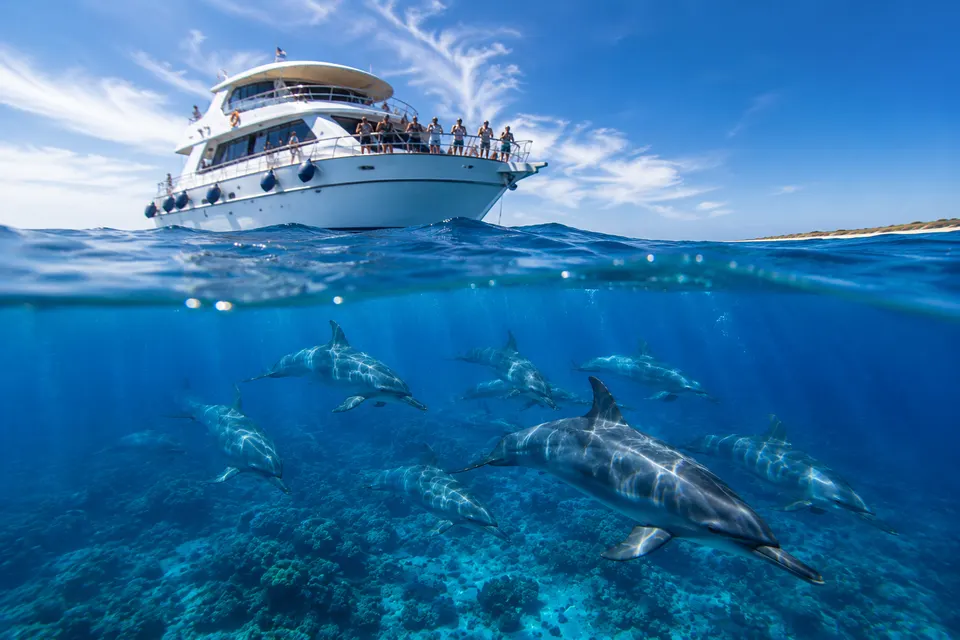 Day boat above a spinner dolphin pod at Sataya Dolphin Reef