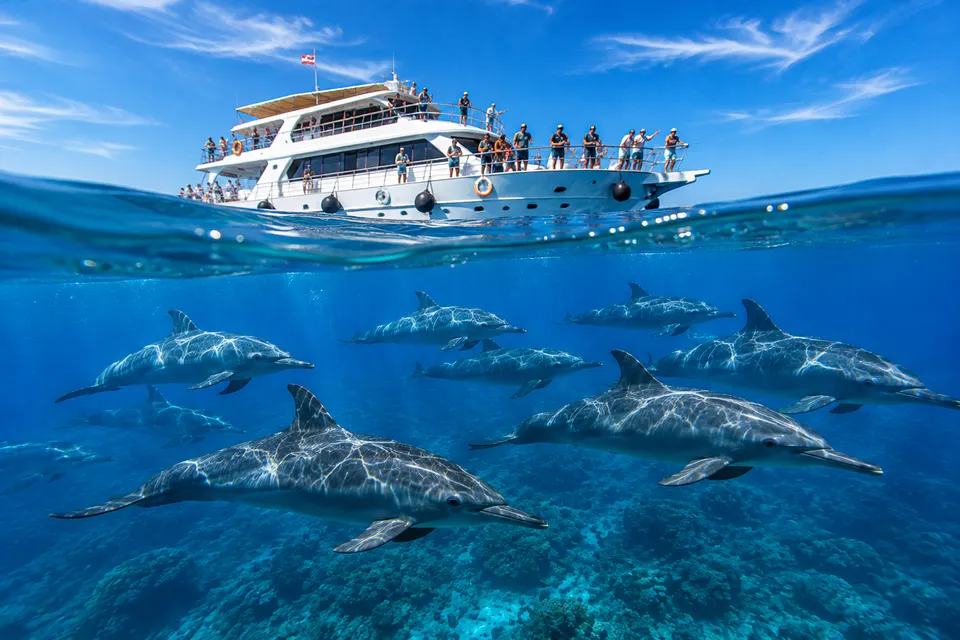 Overnight boat moored in the calm Sataya lagoon with dolphins below