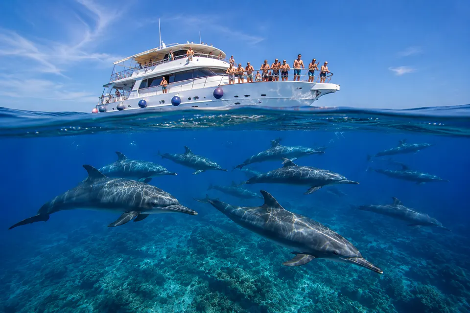 Boat above dolphins in the shallow lagoon of Wadi El Gemal