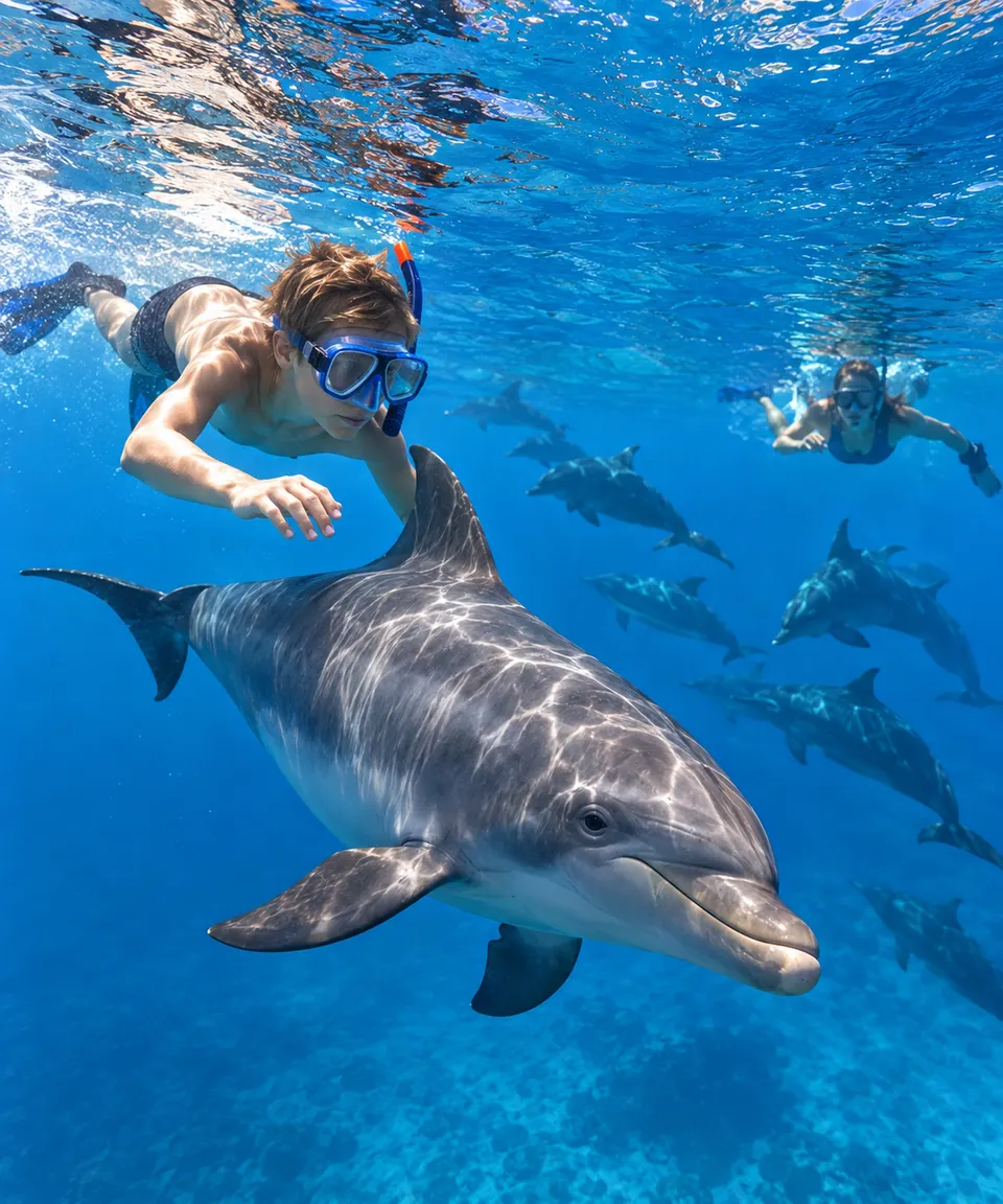 Bottlenose dolphin close to a snorkeler in Wadi El Gemal
