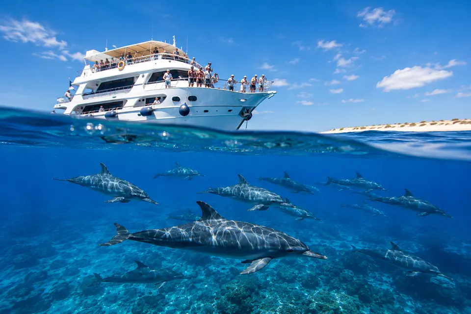 Boat and spinner dolphins near the desert coast of Wadi El Gemal National Park