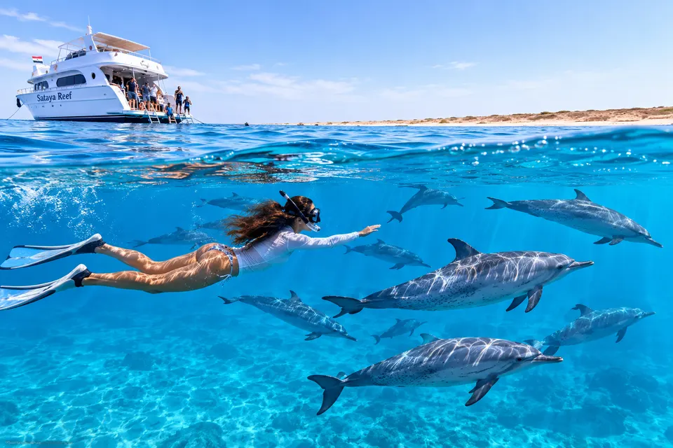 Snorkeler with dolphins near the shore in Wadi El Gemal